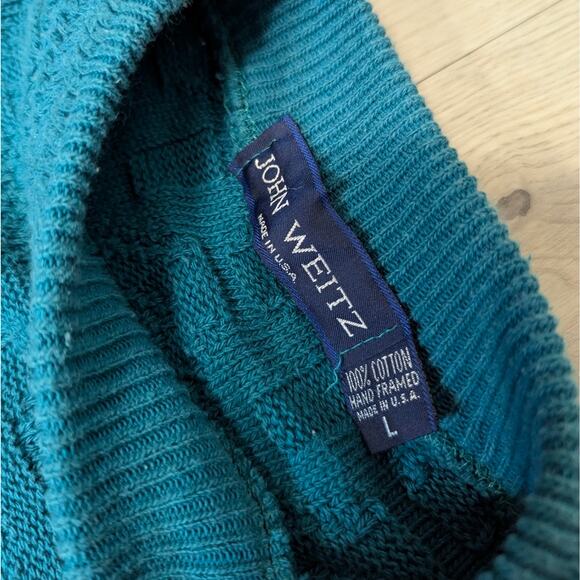 VTG John Weitz 100% cotton teal size L knit geometric sweater funky colorful - Picture 5 of 5
